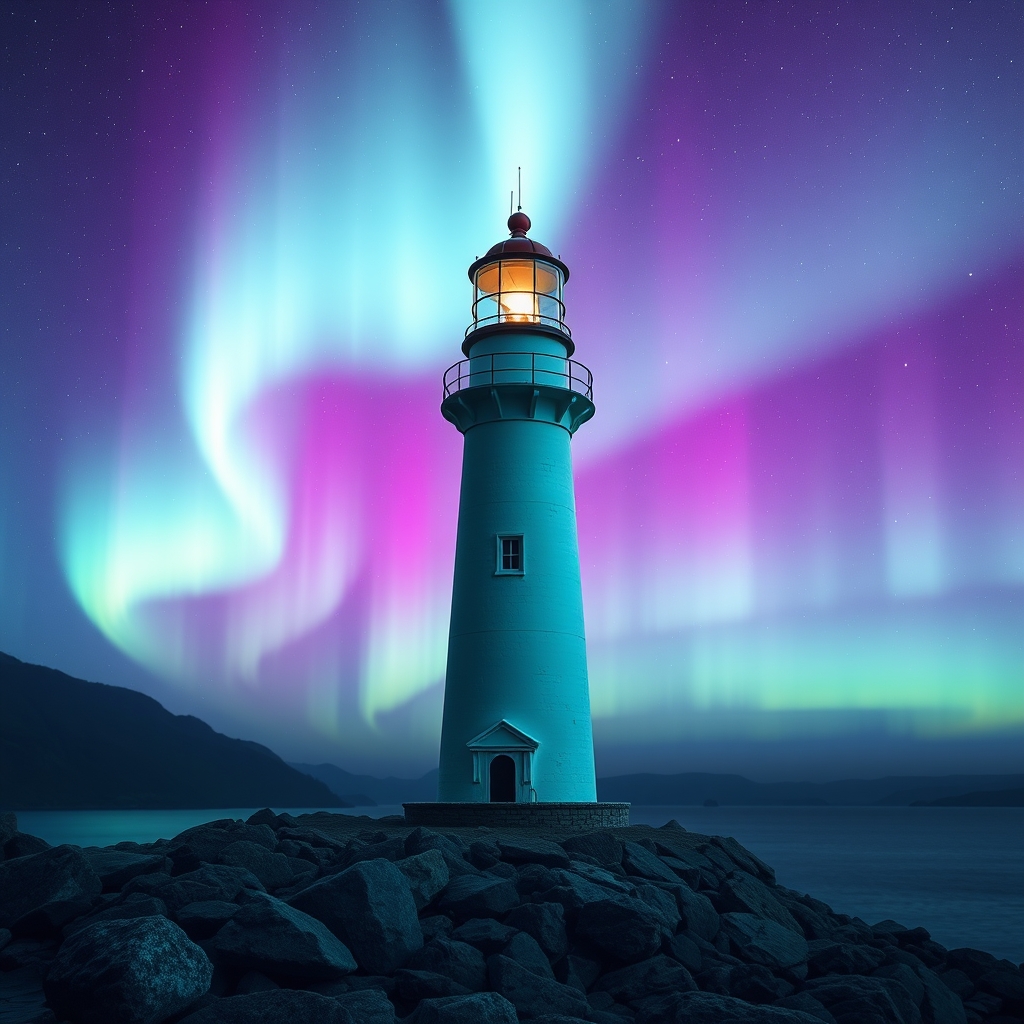 A lighthouse standing firm against an Aurora Particle Flow, 