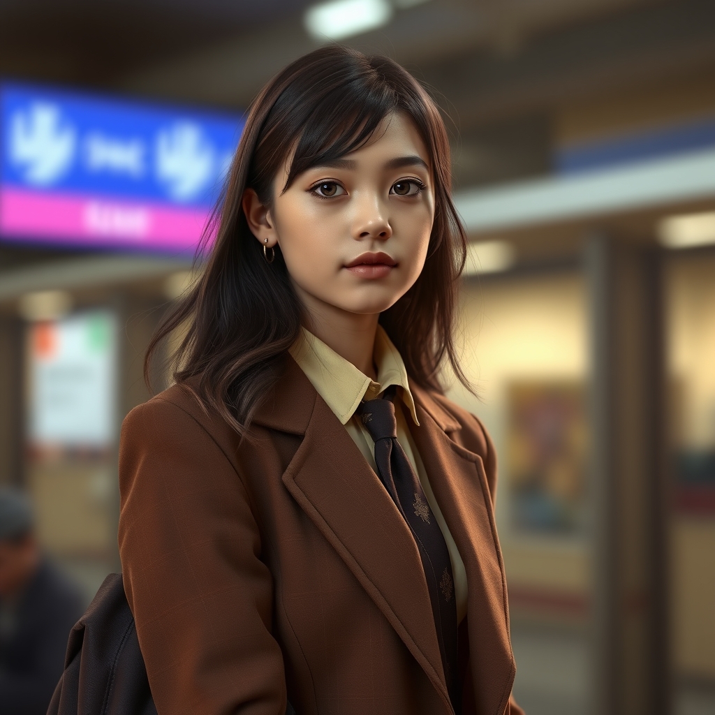 teen girl in a brown suit