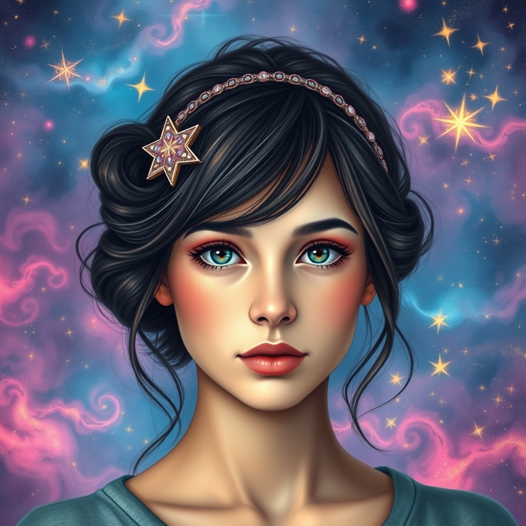 A realistic young woman looking straight ahead, surrounded b