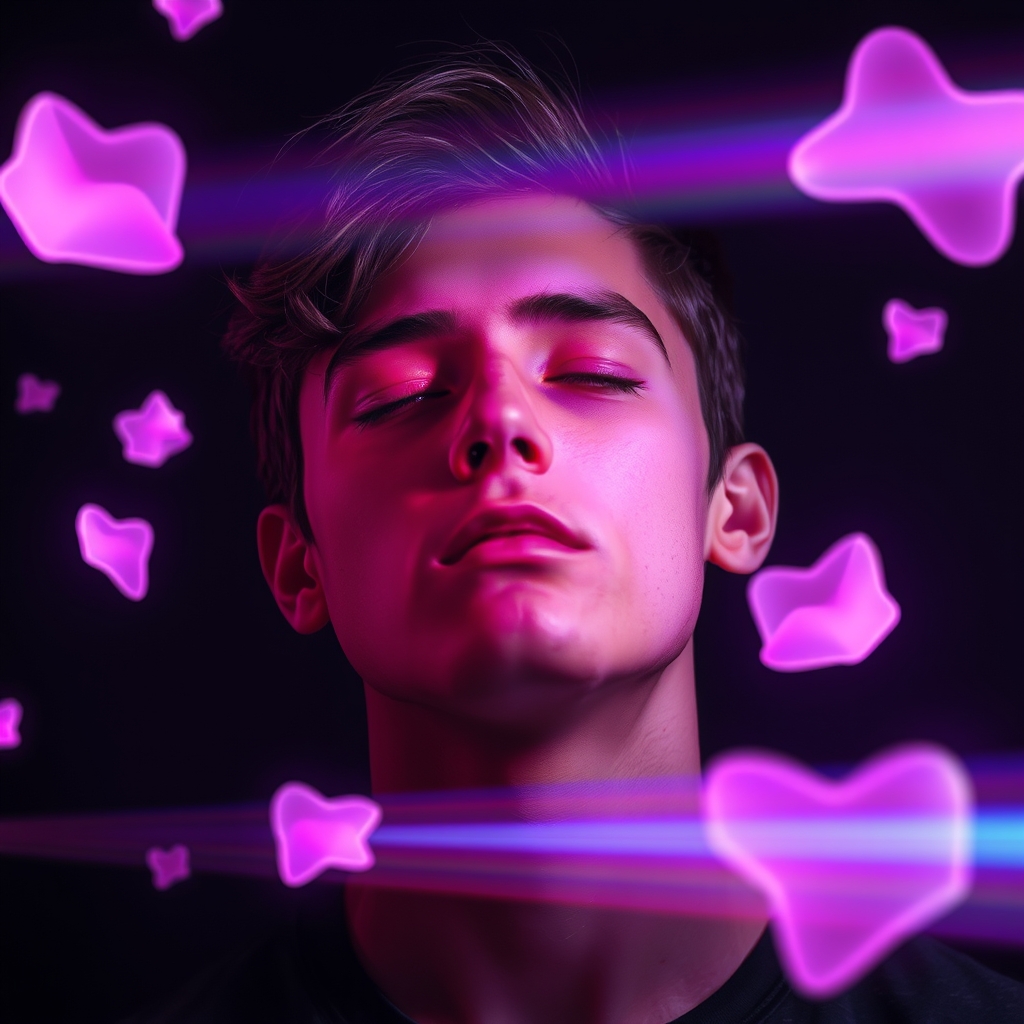 young man with eyes closed and face illuminated by soft past