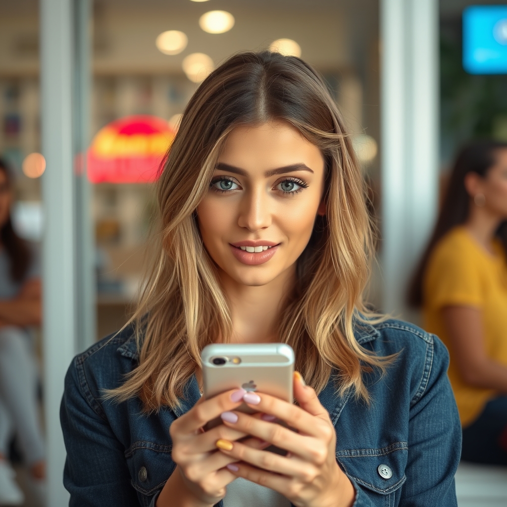A beautiful woman, looking at her phone, looks very surprise