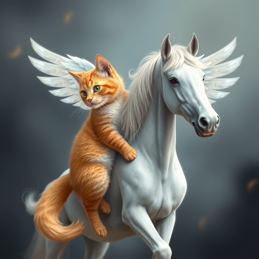 Orange cat and white horse with wings
