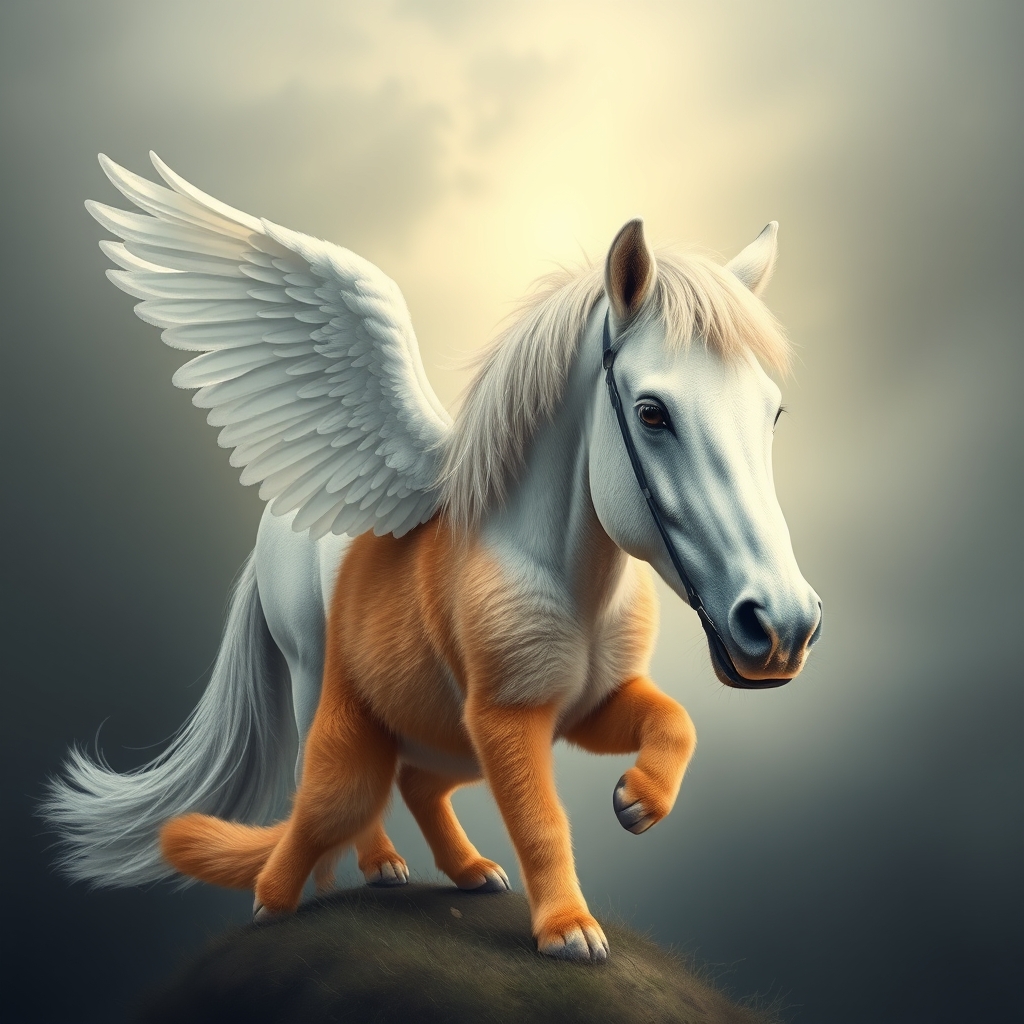 Orange cat and white horse with wings