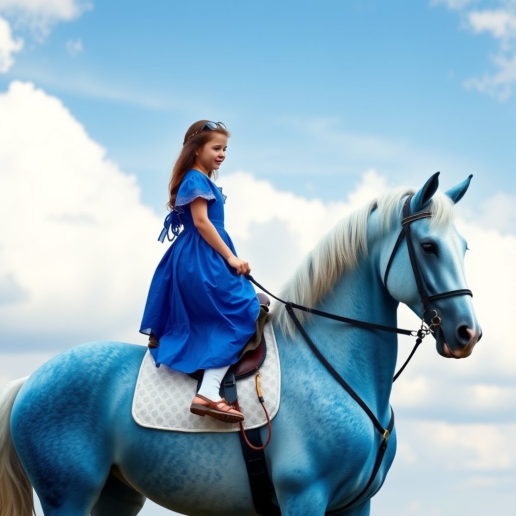 Create image of girl stand on blue horse horse color is whit