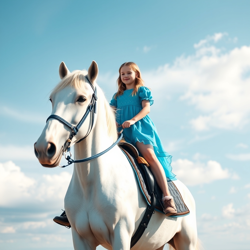 Create image of girl stand on blue horse horse color is whit