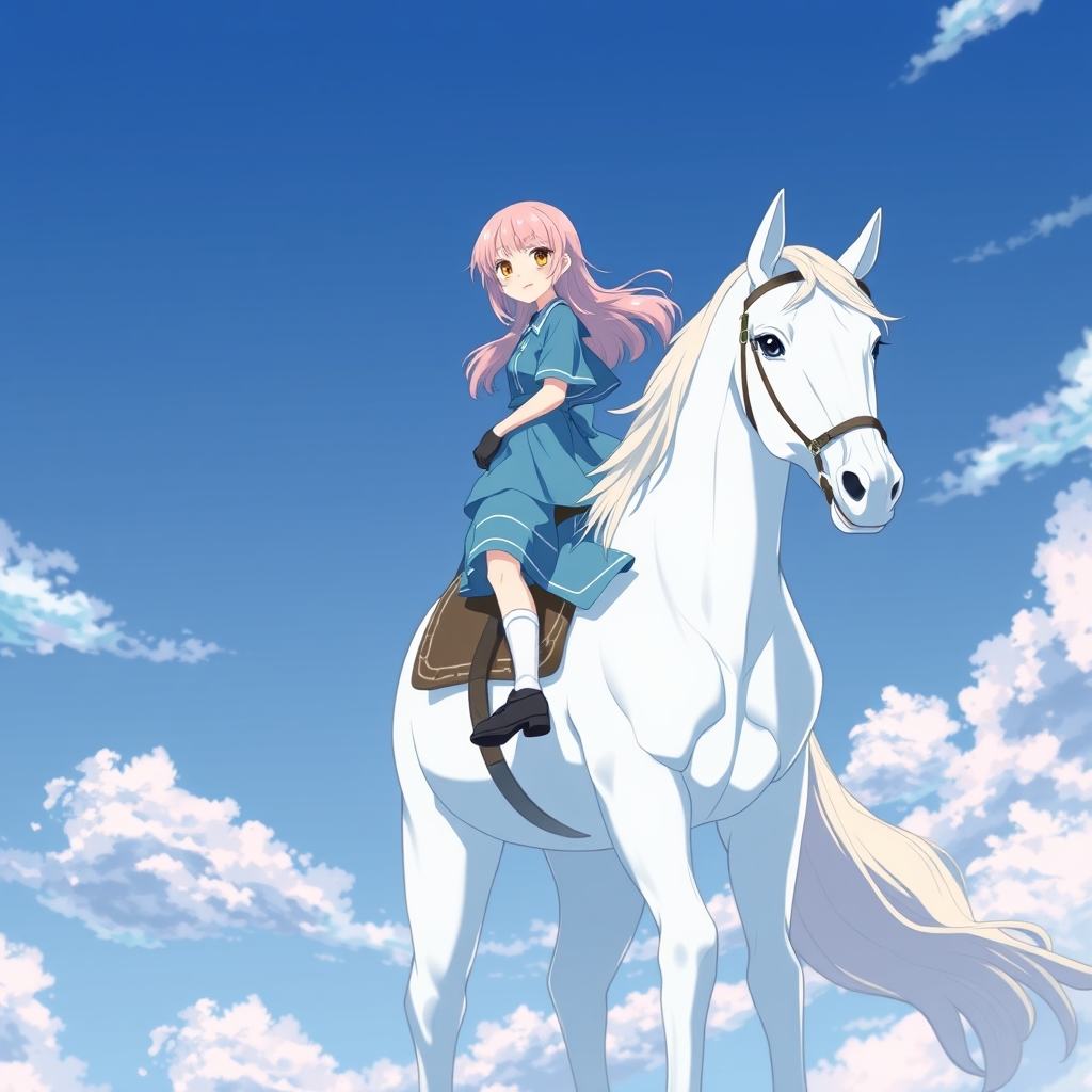 Create image of girl stand on blue horse horse color is whit