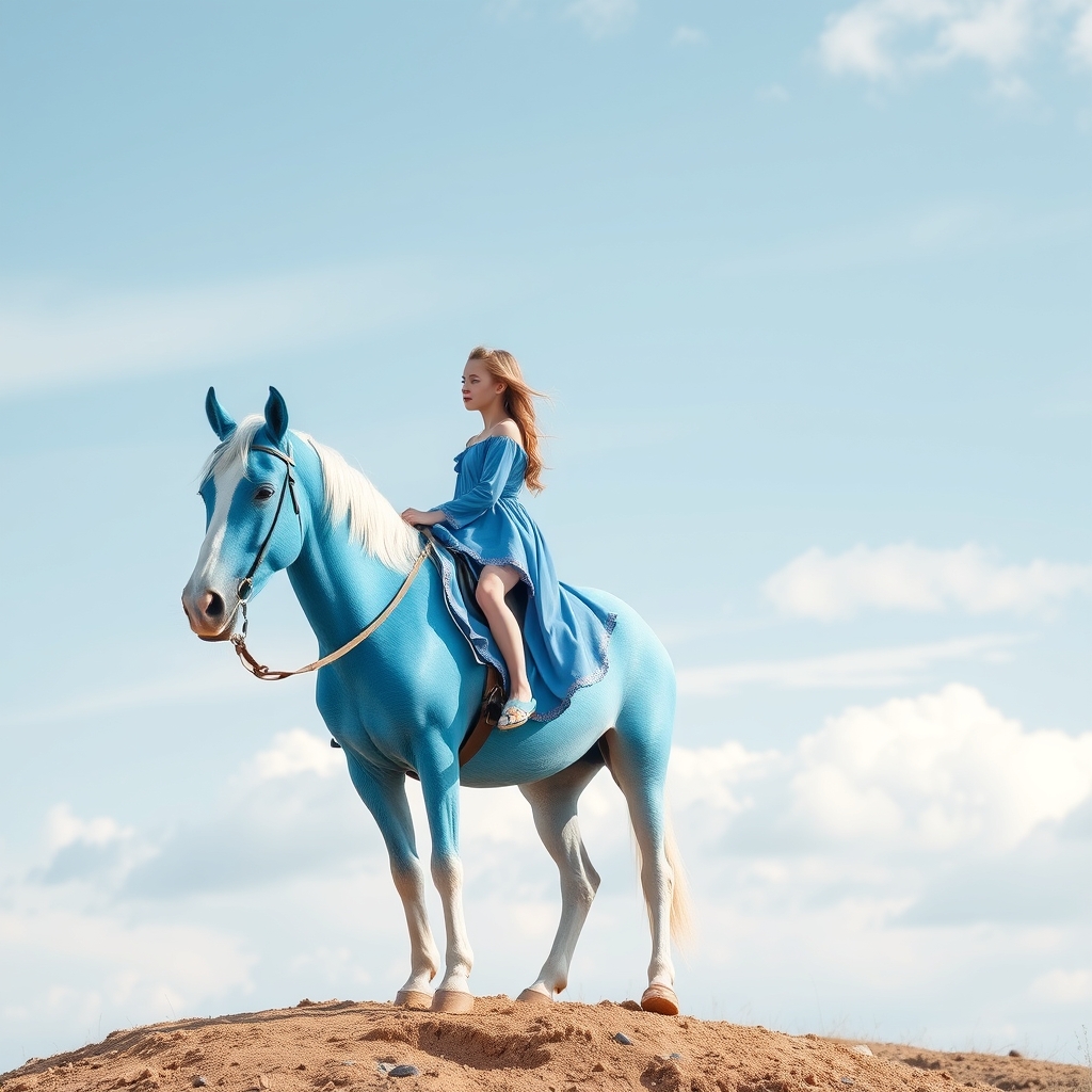Create image of girl stand on blue horse horse color is whit