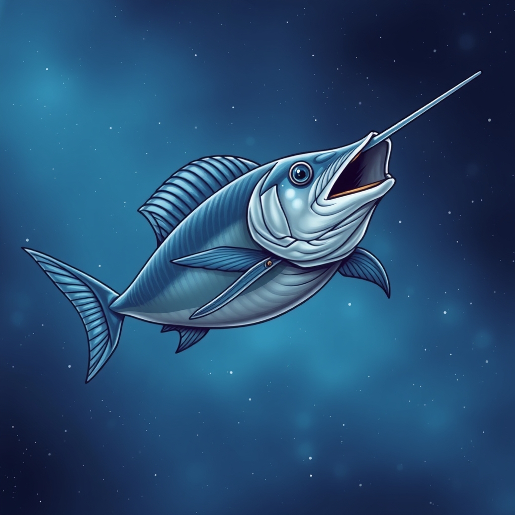 A sailfish wearing a suit, flying through space.