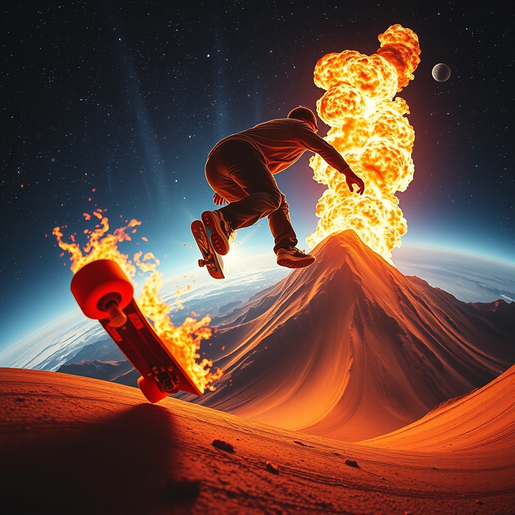 Skateboard wheels on fire bombing a huge hill in space