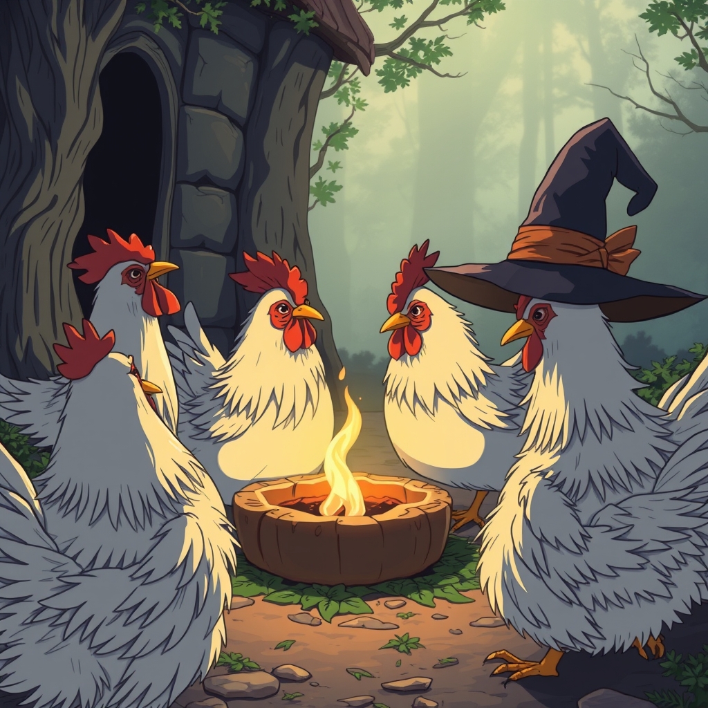 Chickens performing a witch seance