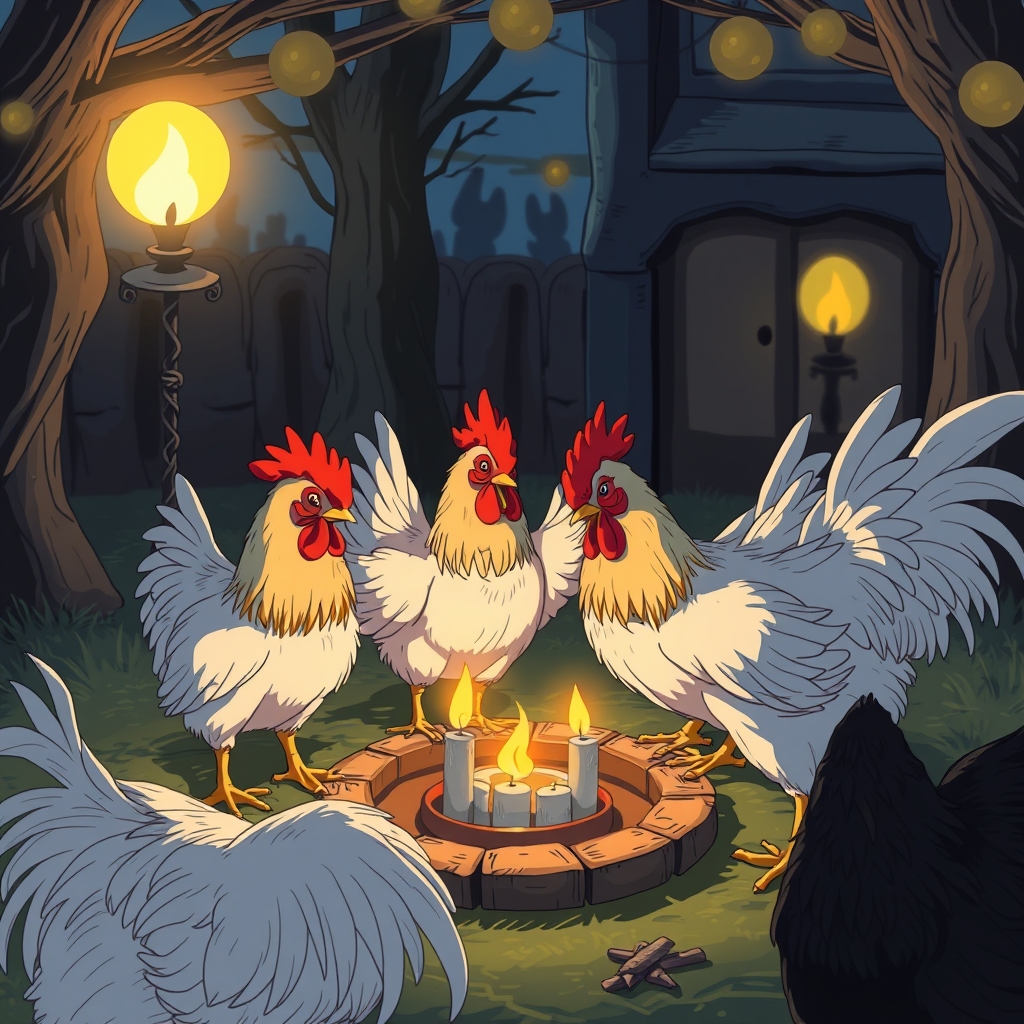 Chickens performing a witch seance