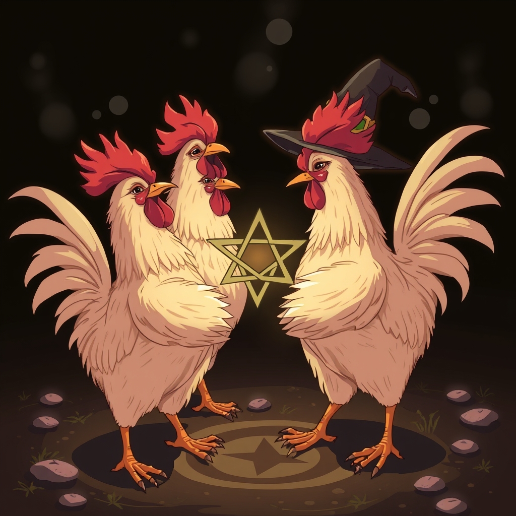 Chickens performing a witch pentagram