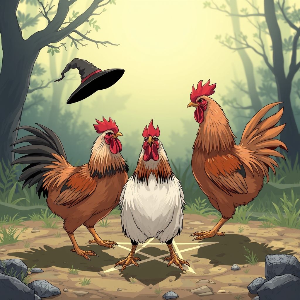 Chickens performing a witch pentagram