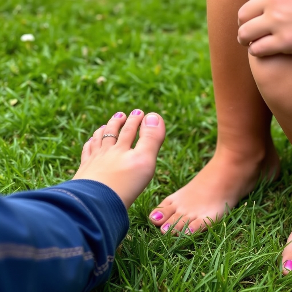 Teenage girls feet outdoors pink toenails