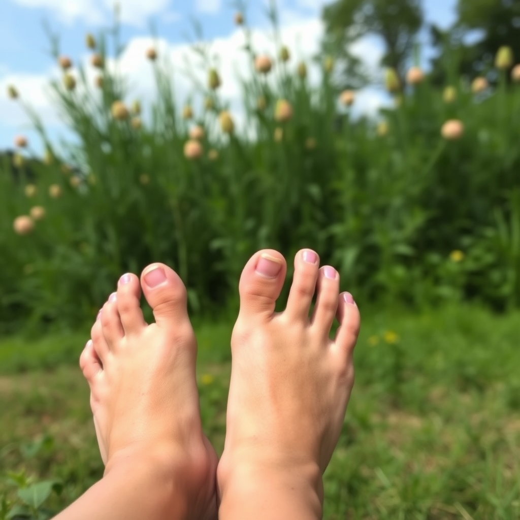 Teenage girls feet outdoors pink toenails