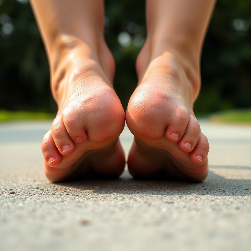 Teenage girls feet soles exposed outdoors pink toenails