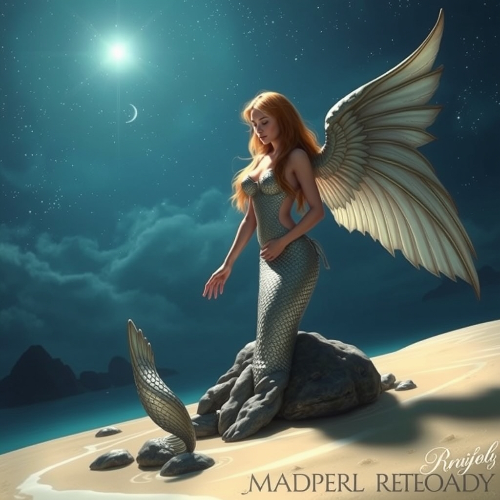 A winged mermaid, on an island, under a starlit night sky.