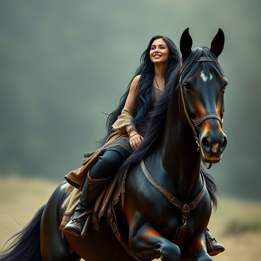 A breathtaking woman with long shiny black hair with a tint 