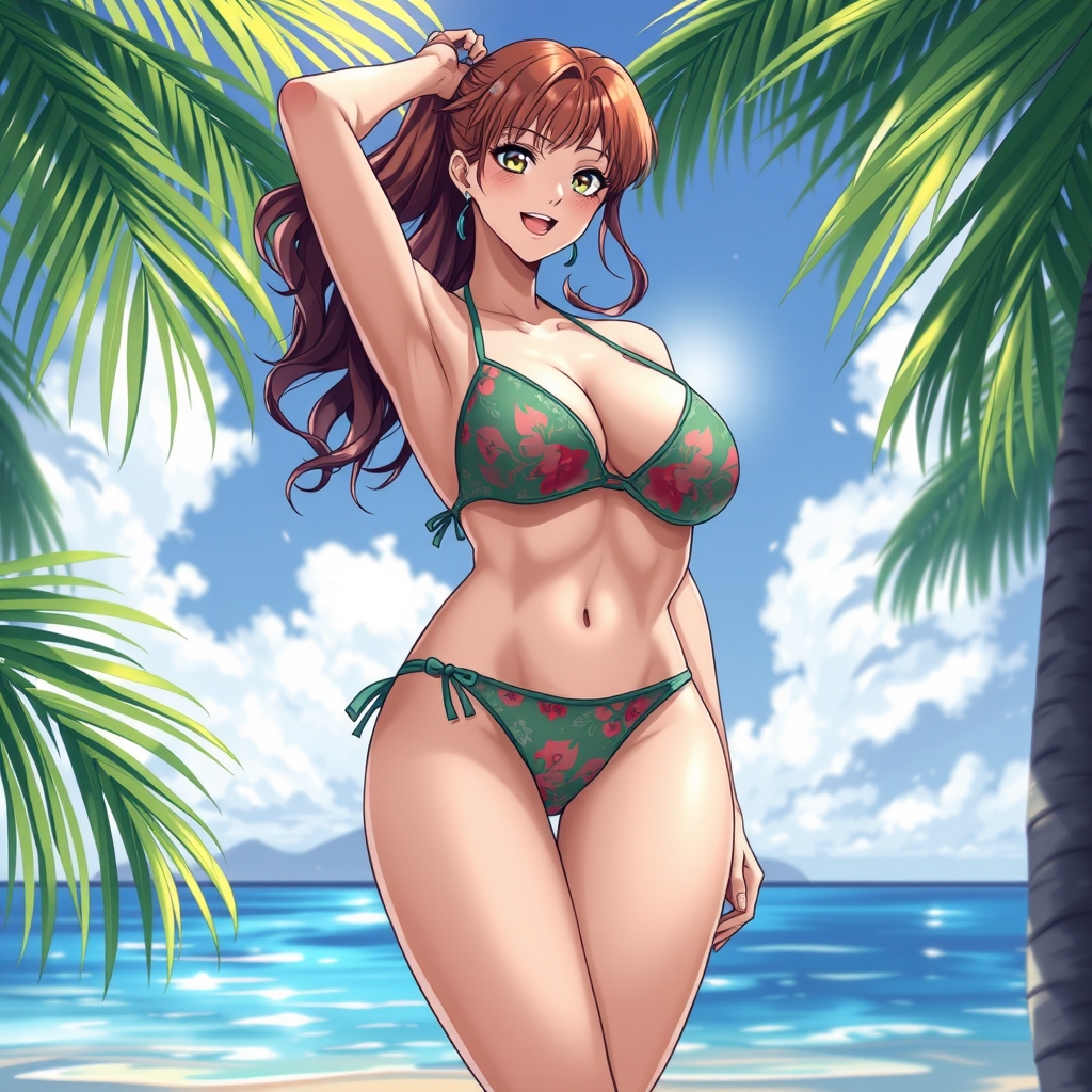 Woman in a bikini with big boobs