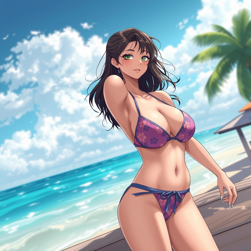 Woman in a bikini with big boobs