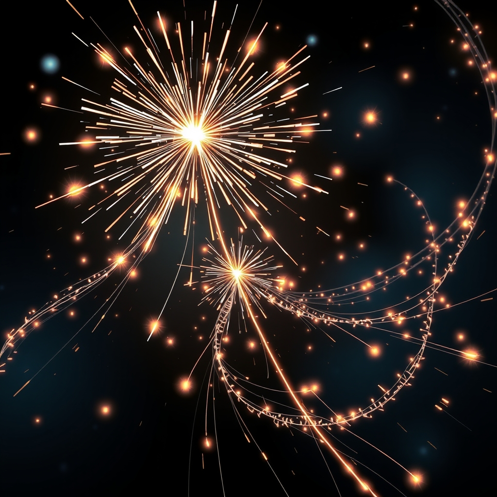 Shooting stars with spiraling tribal streamers that pop like