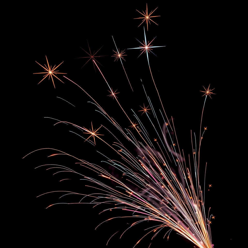 Shooting stars with spiraling tribal streamers that pop like