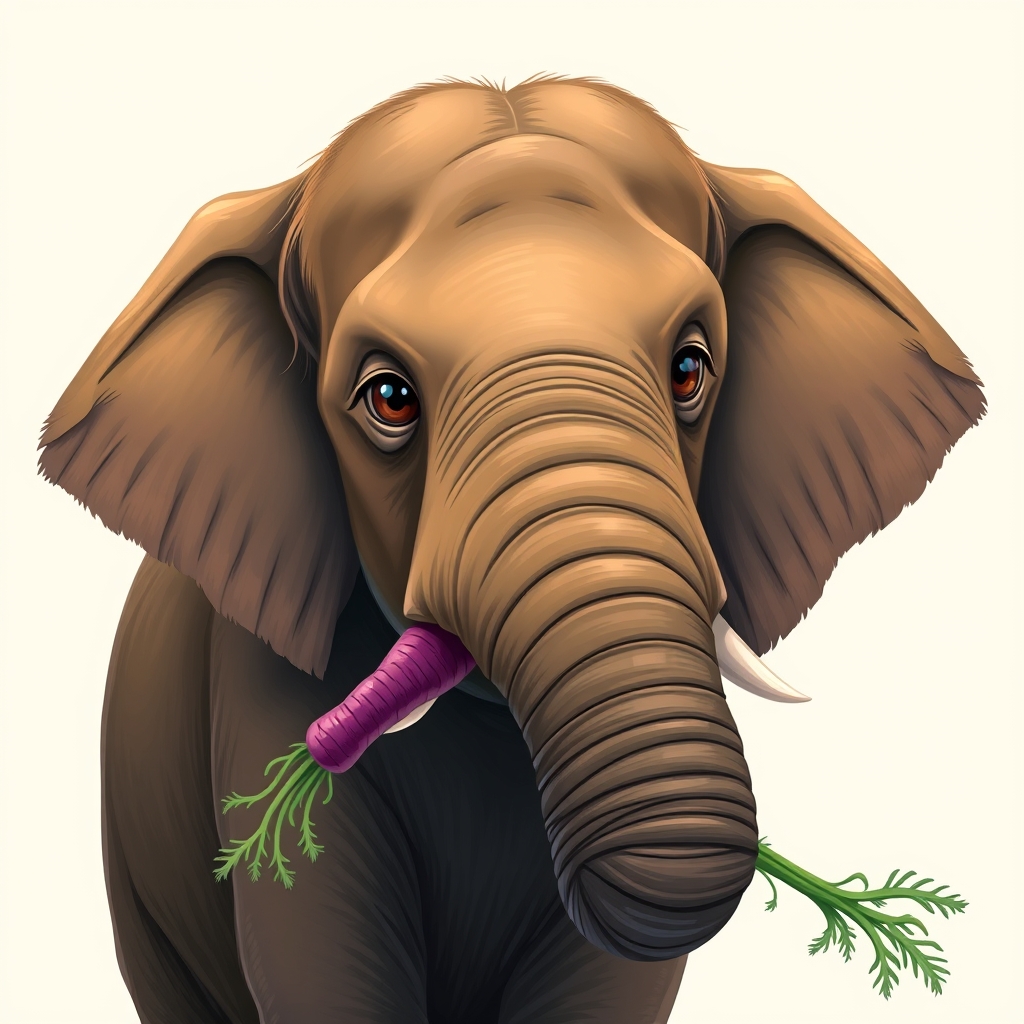 A brown elephant eating a purple carrot