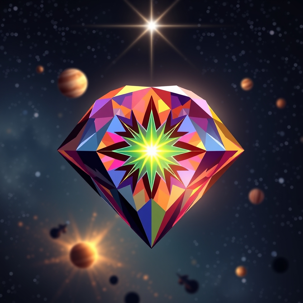 Colorful diamond with the solar system behind it, showing a 