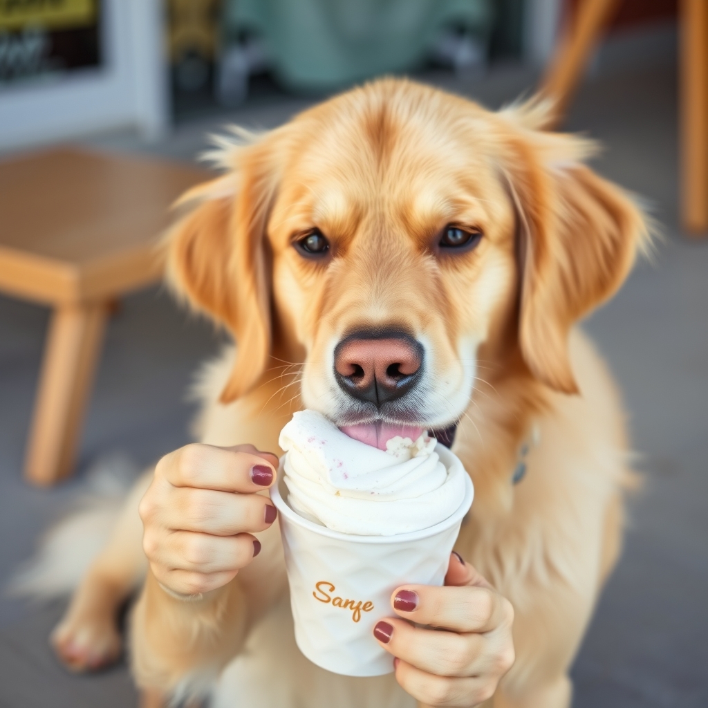 Golden retriever eating ice cream