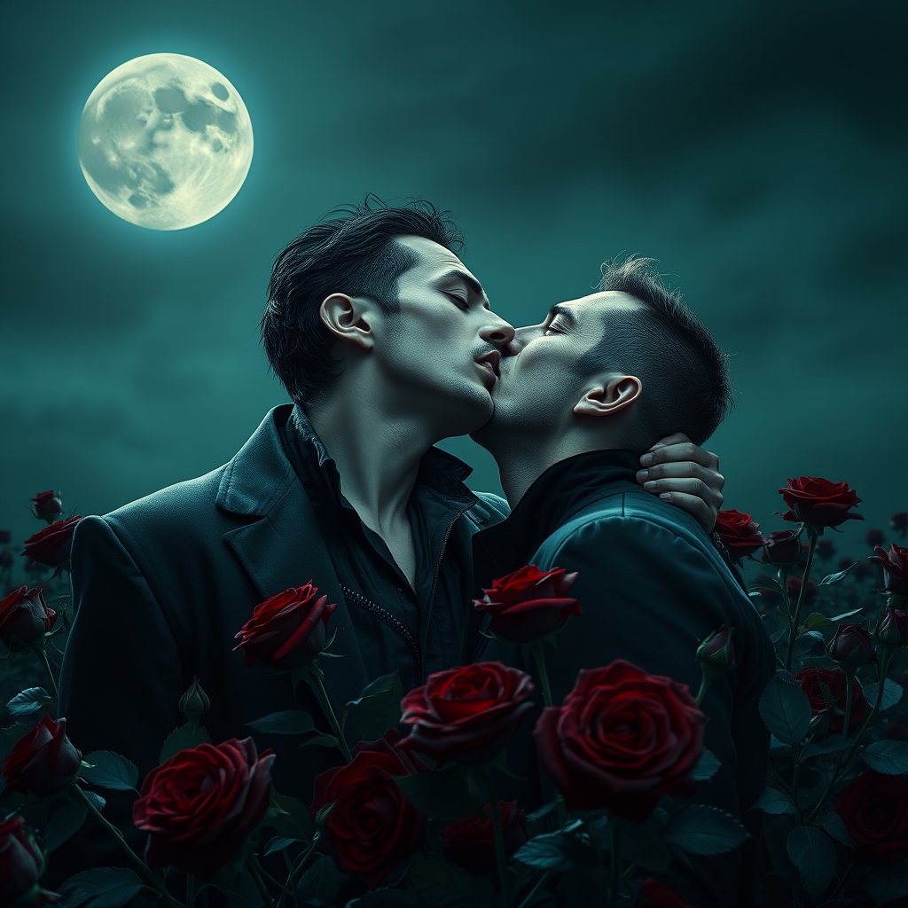 A male middle eastern vampire romantically biting the neck o