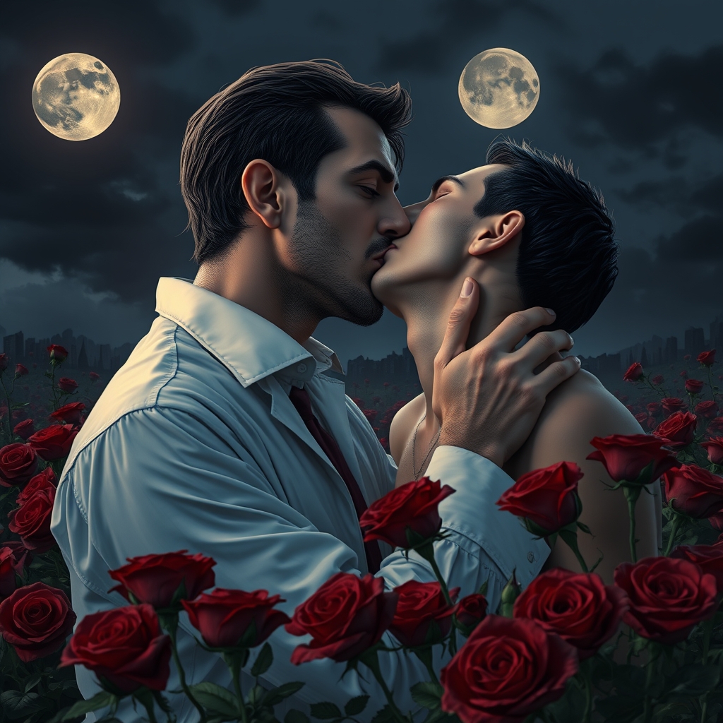 A male middle eastern vampire romantically biting the neck o