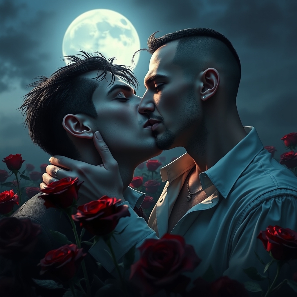 A male middle eastern vampire romantically biting the neck o