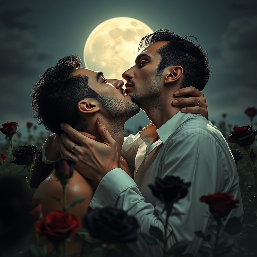 A male middle eastern vampire romantically biting the neck o