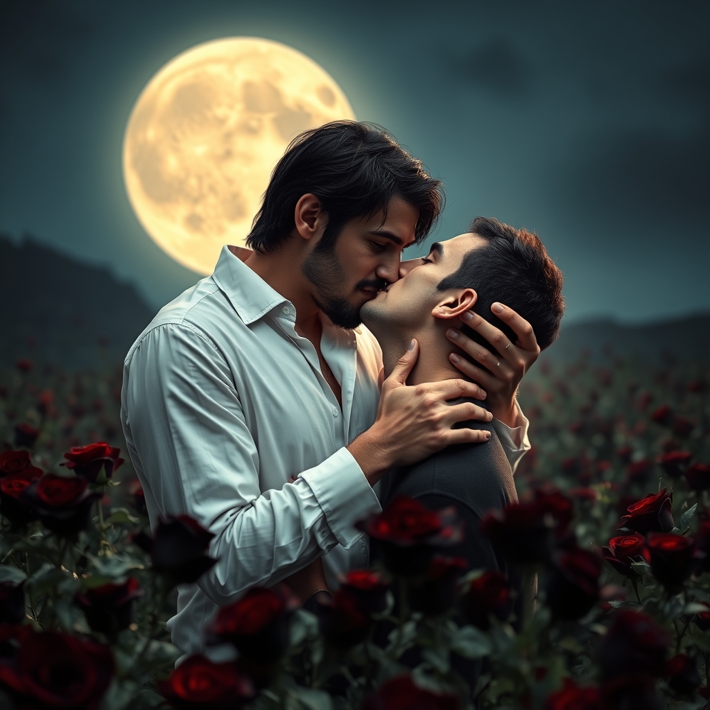 A male middle eastern vampire romantically biting the neck o