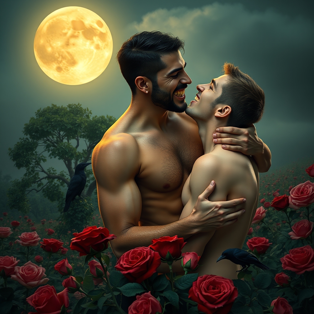 Shirtless middle Eastern male Vampire with his fangs out rom