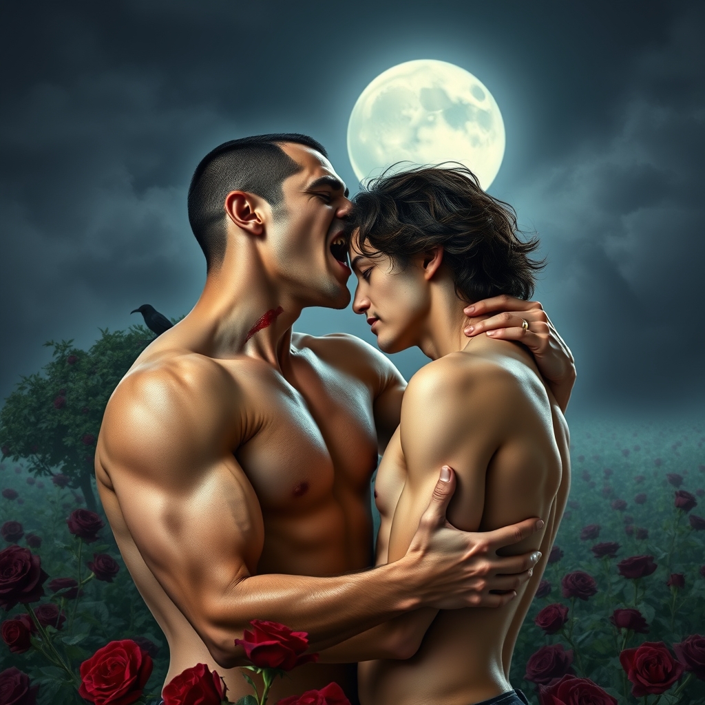 Shirtless tan middle Eastern male Vampire with his fangs out