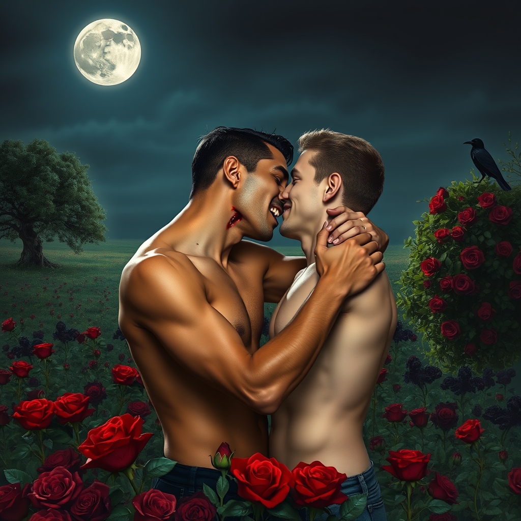 Shirtless tan middle Eastern male Vampire with his fangs out