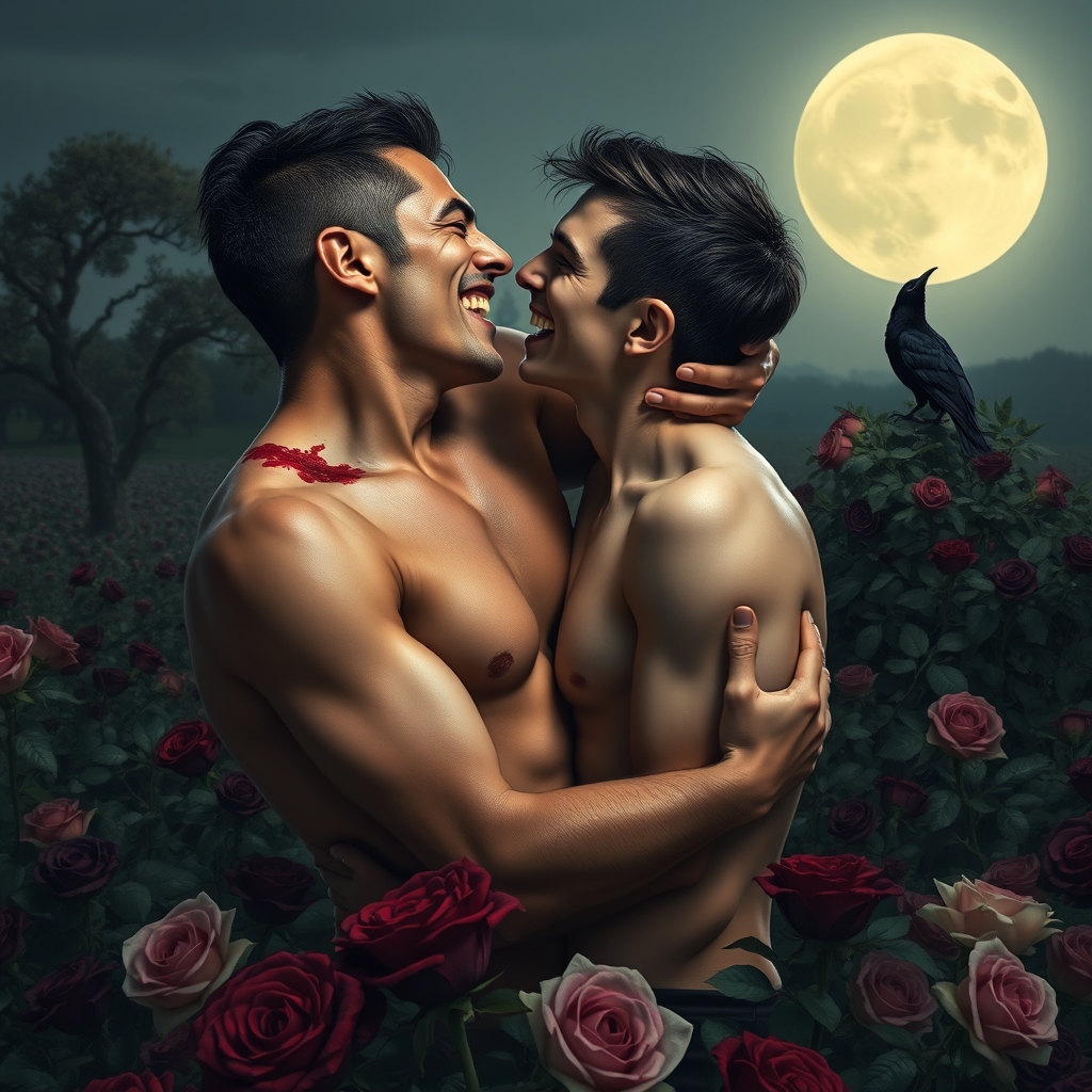 Shirtless tan middle Eastern male Vampire with his fangs out