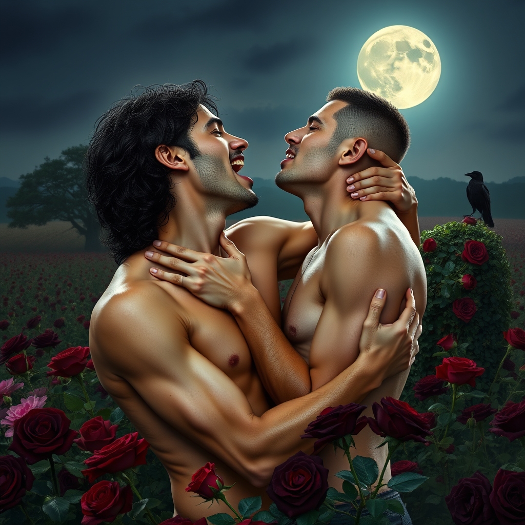 Shirtless tan middle Eastern male Vampire with his fangs out