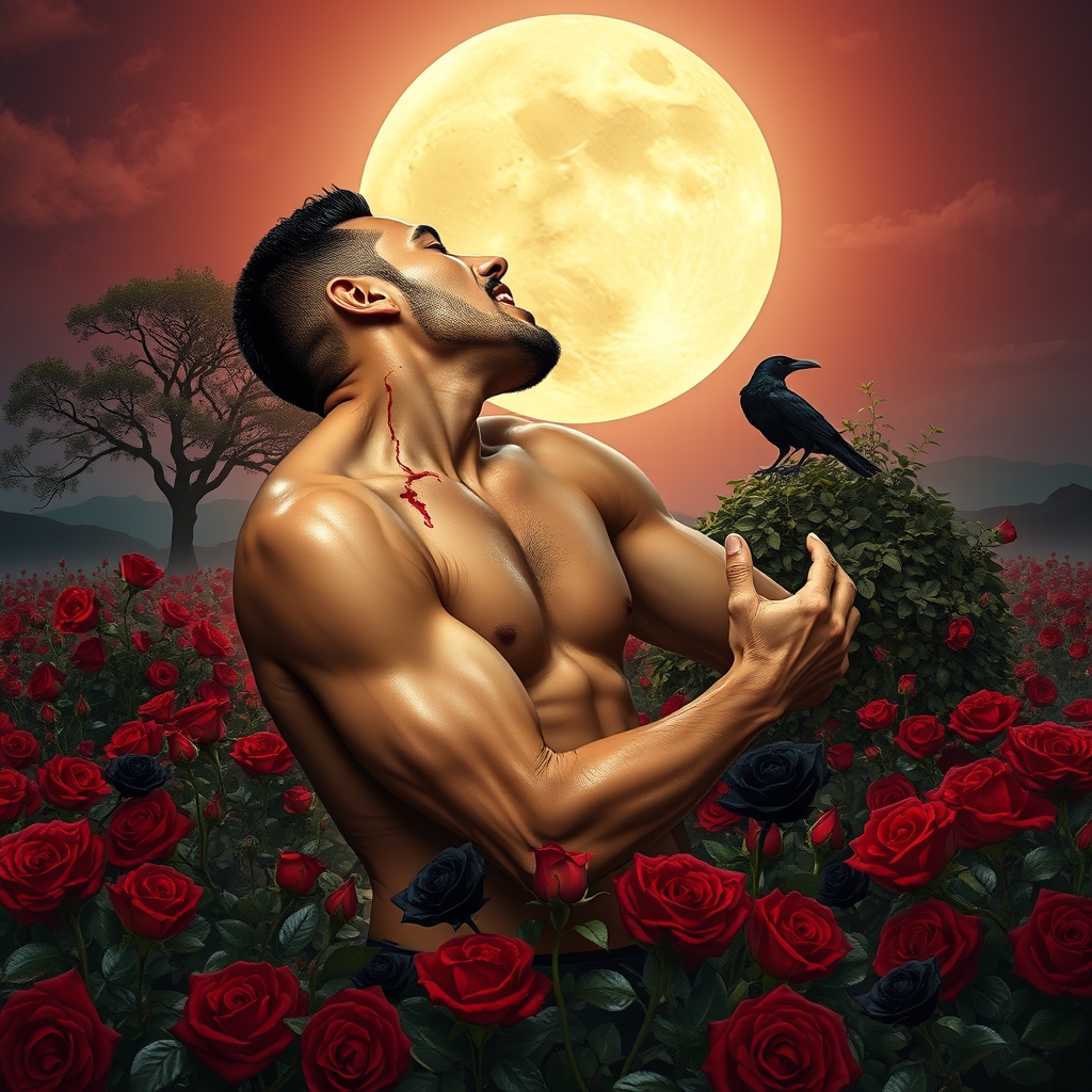 Shirtless tan middle Eastern male Vampire with his fangs out