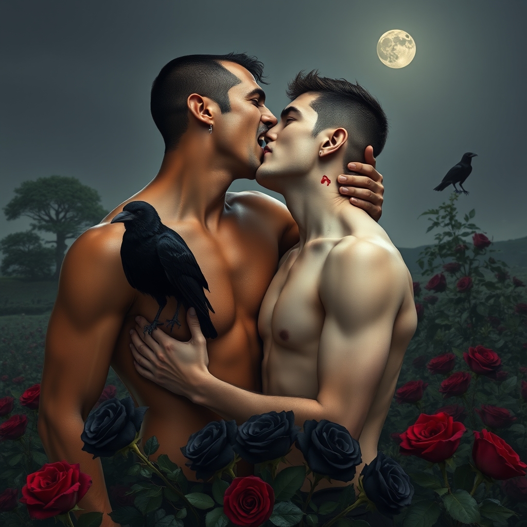 Shirtless tan middle Eastern male Vampire with his fangs out