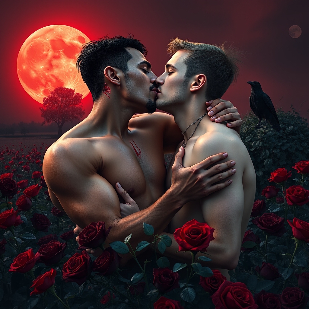 Shirtless tan middle Eastern male Vampire with his fangs out