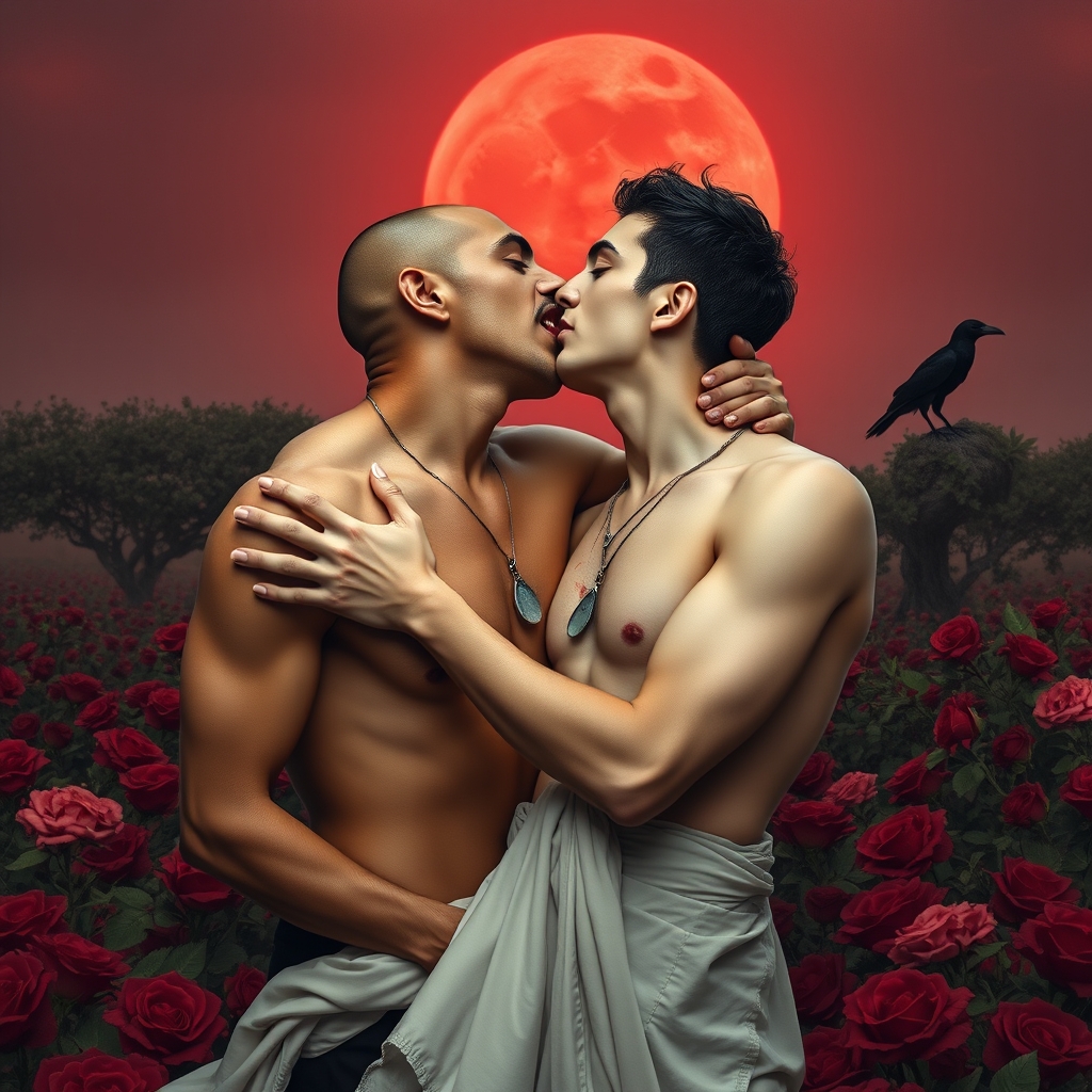 Shirtless tan middle Eastern male Vampire with his fangs out