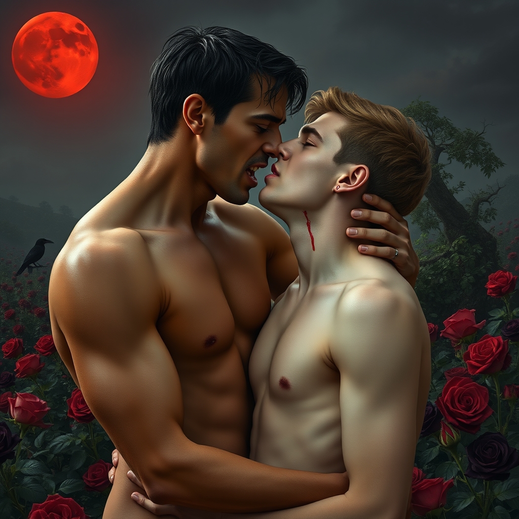 A naked tan, middle Eastern male Vampire with his fangs out 