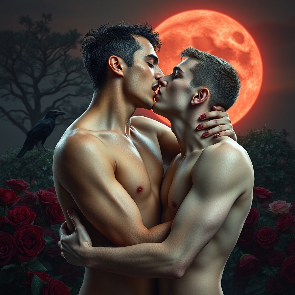 A naked tan, middle Eastern male Vampire with his fangs out 