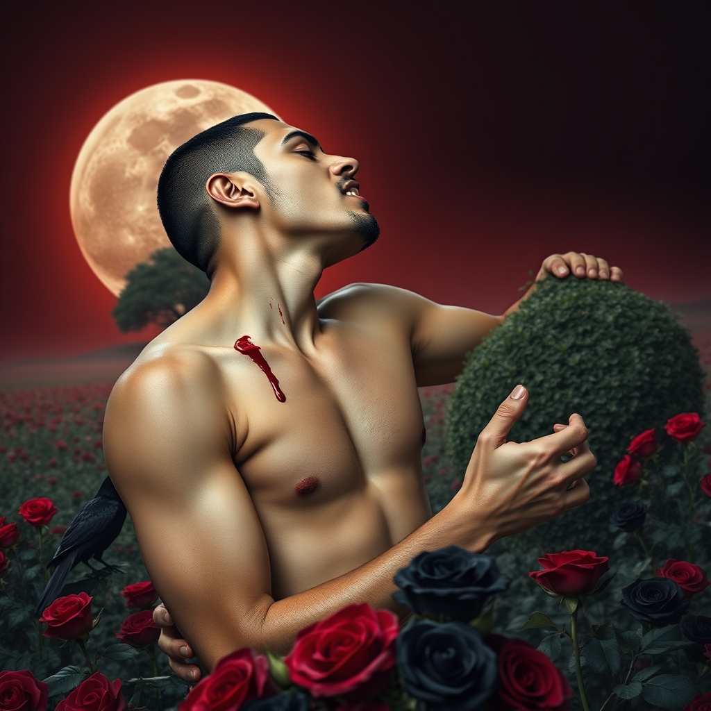 A naked tan, middle Eastern male Vampire with his fangs out 