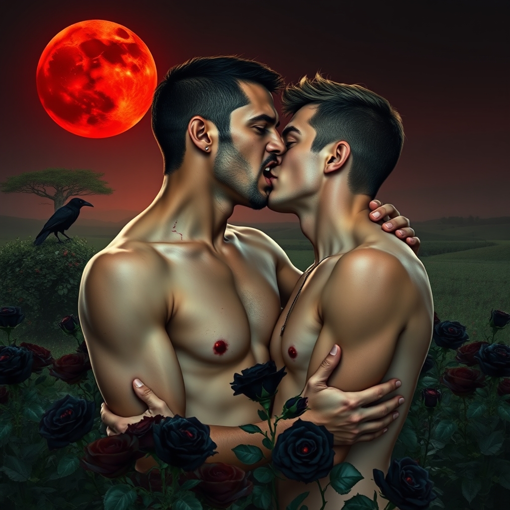 A naked tan, middle Eastern male Vampire with his fangs out 