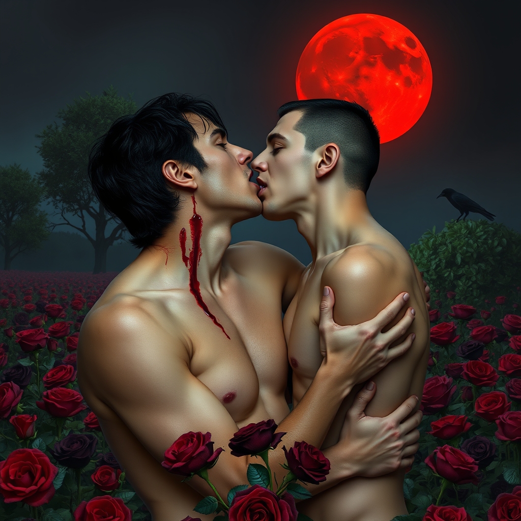 A naked tan, middle Eastern male Vampire with his fangs out 