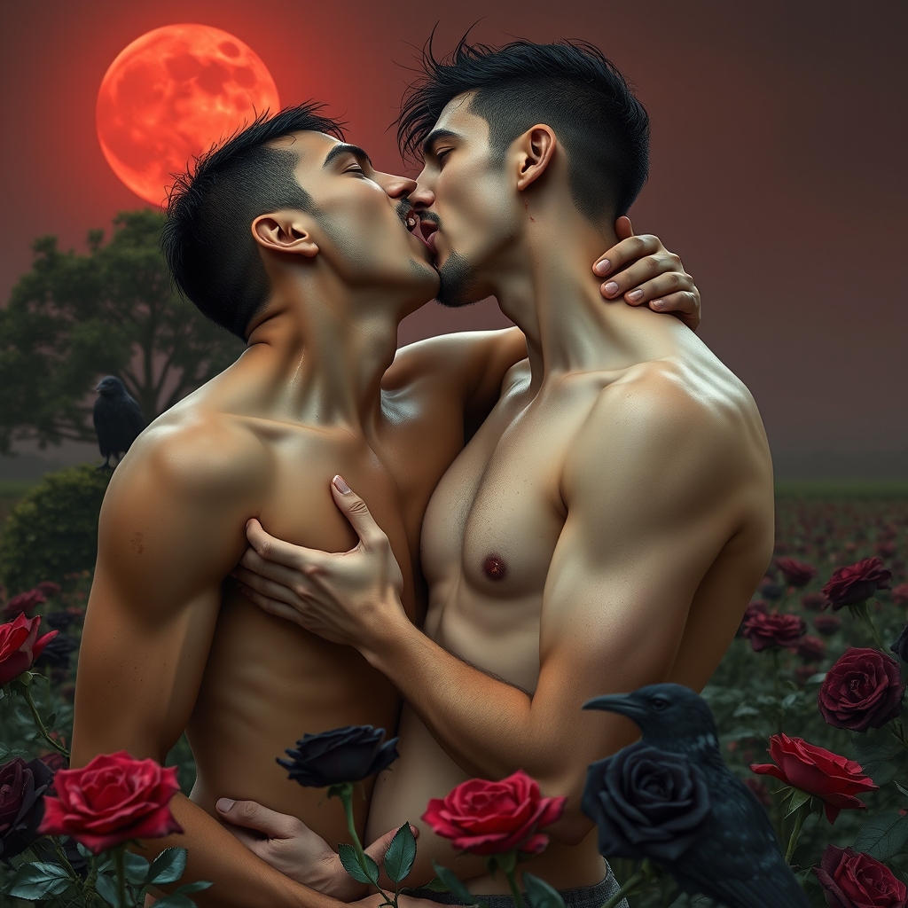 A naked tan, middle Eastern male Vampire with his fangs out 