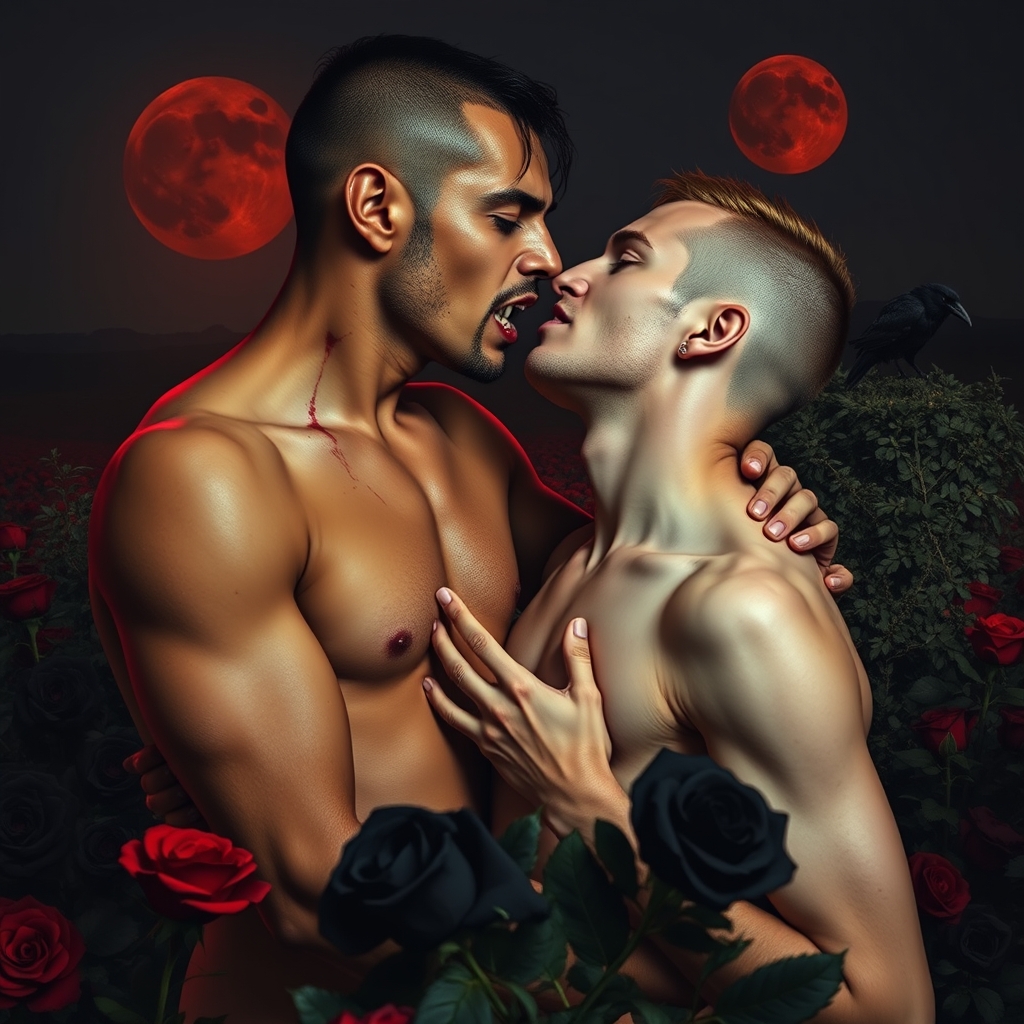 A naked tan, middle Eastern male Vampire with his fangs out 